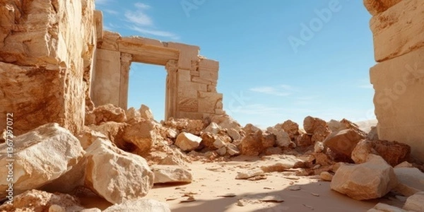 Fototapeta Ruined ancient architecture with rough stone textures under bright blue sky casts shadows on sand conveying desolation and history