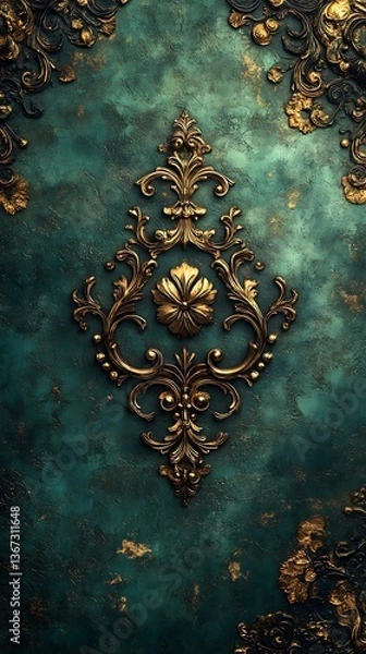 Fototapeta Ornate Gold Filigree on Textured Teal Background