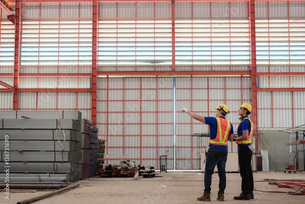 Obraz Civil Engineer or Construction engineer and foreman having Check project progress and discussion together for a building plan and architecture development at the construction site of factory