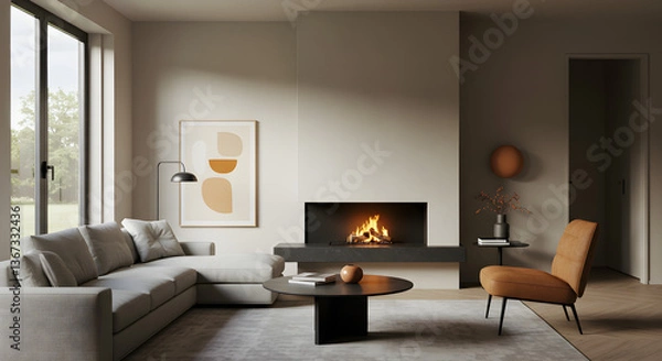 Obraz Modern Living Room with Fireplace and Minimalist Design
