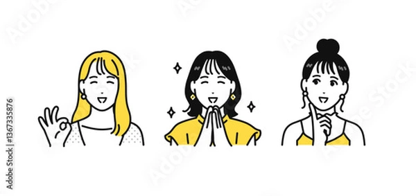 Obraz 笑顔で喜ぶオシャレな若い女性3人のシンプルな人物アイコンセット