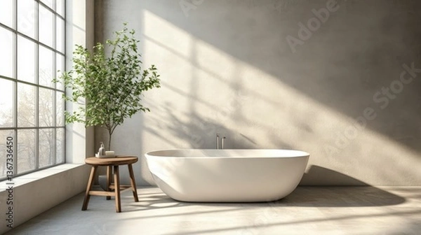 Obraz Minimalist 3D bathroom rendering featuring white bathtub on beige wall. Scandinavian style with wooden stool and plant in modern home.