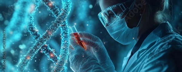 Fototapeta scientist holding medical testing tubes or vials of medical pharmaceutical research with blood cells and virus cure using DNA genome sequencing biotechnology as wide banner