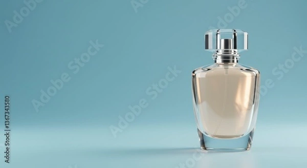 Fototapeta Elegant Perfume Bottle with Faceted Cap on Blue Background Advertisement