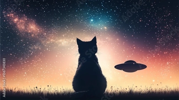 Fototapeta A sleek cybernetic cat observes a hovering flying saucer, reflections of distant galaxies glistening in its metallic fur,80s sci-fi poster style