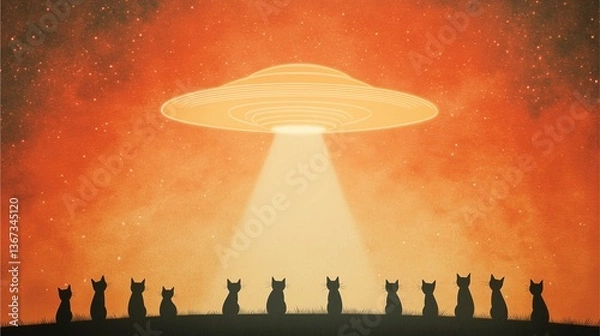 Fototapeta A group of cats gather in a quiet field, staring up as a massive UFO emerges from behind a glowing red nebula, sci-fi mystery and wonder