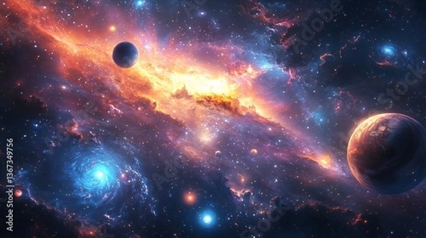 Fototapeta Vibrant Nebula Galaxy with Planets and Stars in Deep Space Universe