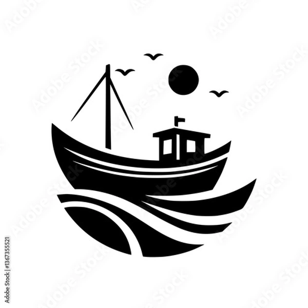 Fototapeta Silhouette of a fishing boat amidst stylized waves, with seagulls and sun, presented in a minimalist graphic style.