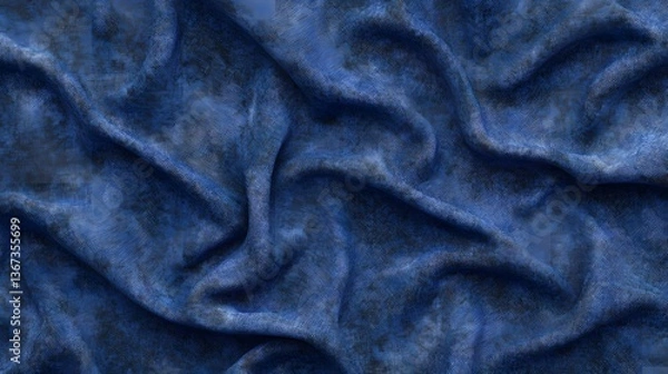 Fototapeta A close up view of a wrinkled creased indigo colored fabric with a rich detailed texture and a natural earthy aesthetic