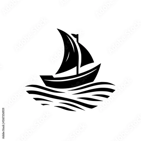 Fototapeta A stark black and white logo depicts a stylized sailboat atop wavy lines, suggesting water, set against a clean, white background.