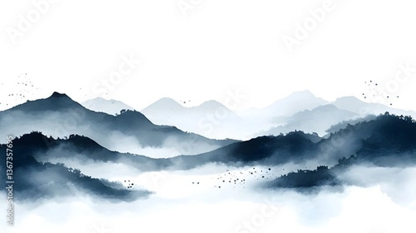 Fototapeta A serene atmospheric landscape featuring misty mountains and hazy silhouettes in a minimalist Japanese indigo and white color palette