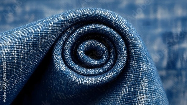 Fototapeta Close up of a beautifully crafted indigo dyed textile with a simple yet eye catching spiral design showcasing the natural texture and artisanal of the material