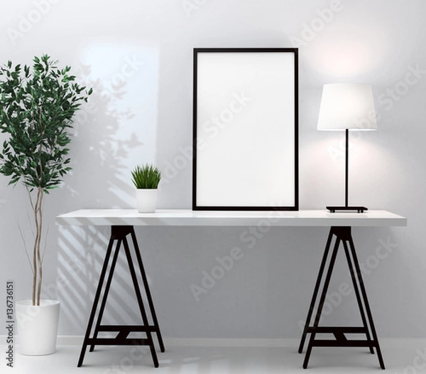 Fototapeta Poster frame mockup with green home flovers. 3d rendering