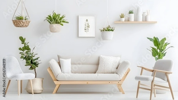 Fototapeta Serene and inviting Scandinavian style living room featuring neutral color palette modern furniture and lush indoor plants creating a harmonious natural and calming atmosphere