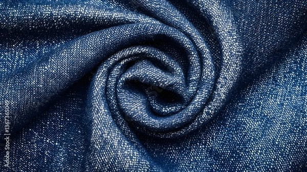 Fototapeta Close up view of a crumpled indigo dyed cotton fabric with a dynamic swirling texture and intricate folds