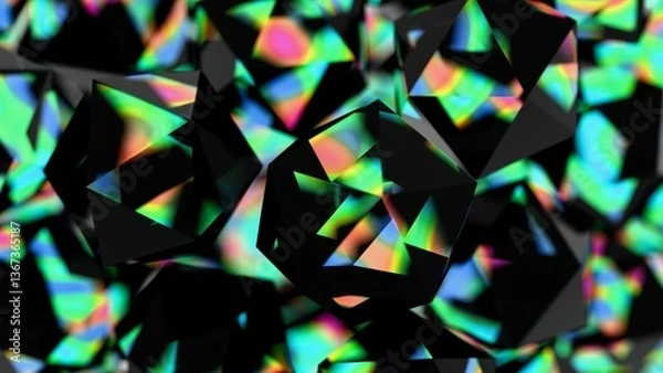 Fototapeta Black polyhedral shapes with vibrant, iridescent surfaces floating on a black background, merging illusions, technology, and wave pattern in a futuristic design........