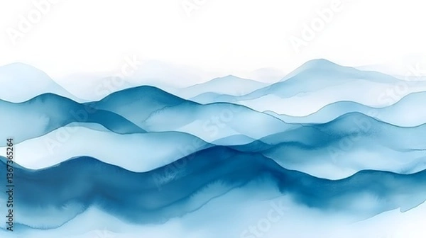 Fototapeta An abstract watercolor style landscape depicting a series of hazy indigo toned mountains and hills shrouded in soft ethereal mist and fog