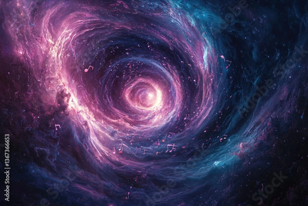 Fototapeta A swirling cosmic vortex filled with musical notes, a vibrant nebula of purple and blue hues.
