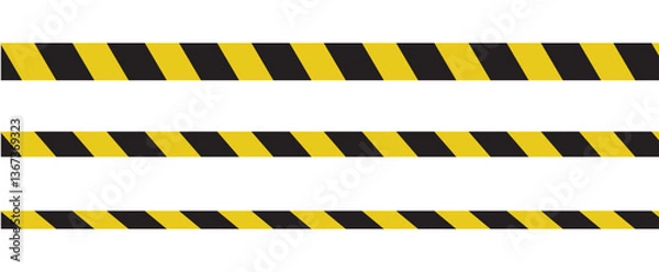 Fototapeta Warning tape with yellow and black diagonal stripes. Warn stop seamless line. Yellow and black caution tape border. Long danger ribbon. Vector illustration on white background.