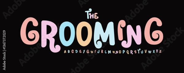 Fototapeta Playful curly font, cartoon groovy letters, playful alphabet for grooming headline, creative logo, kid branding, fun events titles, joyful moodboards, standout letters. Vector typeset.