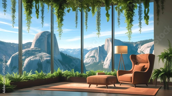 Fototapeta Serene mountain landscape with a lake, house, trees, and clear blue skies reflecting on the calm water