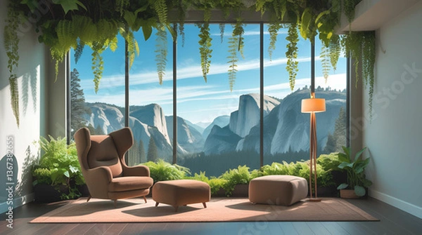 Fototapeta Serene mountain landscape with a lake, house, trees, and clear blue skies reflecting on the calm water