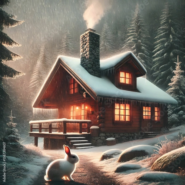 Fototapeta A wooden cottage by a snowy lake in a winter forest
