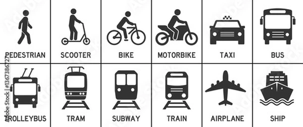 Obraz Public transportation. Set of vector icons for road signs and symbols: pedestrian, bicycle, car, bus, trolleybus, tram, subway, train, airplane and ship. Icons for urban transportation.