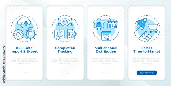 Obraz Benefits of using PIM system blue onboarding mobile app screen. E commerce. Walkthrough 4 steps editable graphic instructions with linear concepts. UI, UX, GUI. Montserrat SemiBold, Regular fonts used
