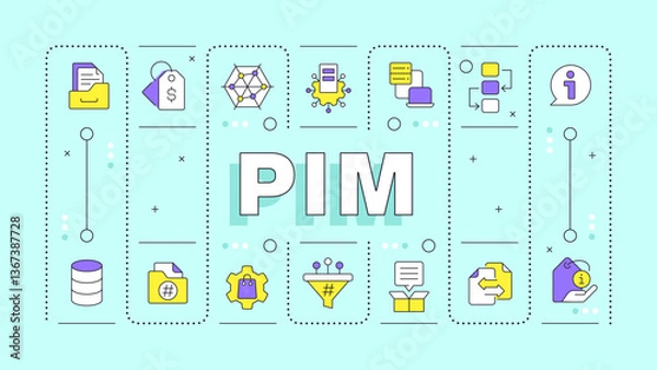 Fototapeta PIM light blue word concept. Product information management system. Commercial data processing. Typography banner. Vector illustration with title text, editable icons color. Hubot Sans font used