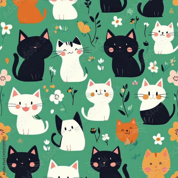 Fototapeta Cute cartoon cats in various colors and expressions are playfully arranged against pastel green background, surrounded by flowers and foliage, creating cheerful and whimsical atmosphere