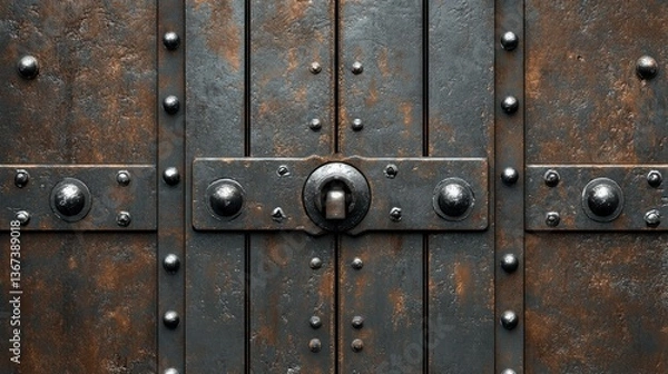 Fototapeta Rusted metal door with lock and rivets.
