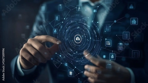 Fototapeta Person interacting with glowing data network