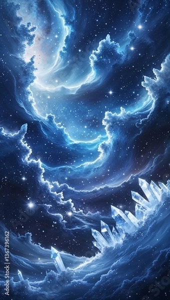 Obraz A magnificent frozen galaxy, filled with sweeping ice-blue nebulas and sparkling crystal-like star clusters. The serene atmosphere exudes a cold yet mesmerizing beauty