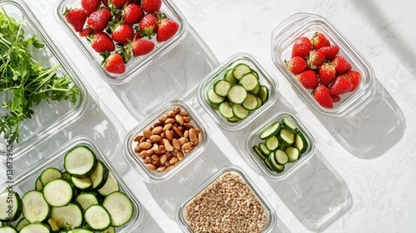 Fototapeta Assorted fresh produce and nuts in clear containers on white background.