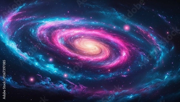 Obraz A mesmerizing black hole dominates the center of a vibrant galaxy, its gravitational force bending light around it in a stunning display of cosmic power. In the swirling vortex, stars and cosmic dust 