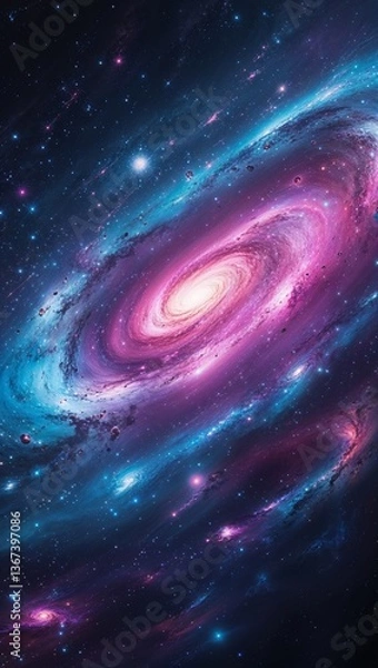 Fototapeta A mesmerizing black hole dominates the center of a vibrant galaxy, its gravitational force bending light around it in a stunning display of cosmic power. In the swirling vortex, stars and cosmic dust 