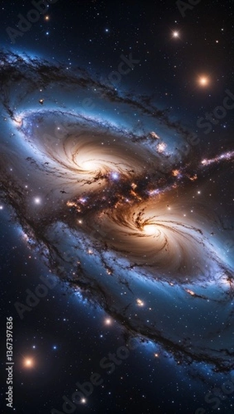 Obraz Two galaxies colliding in deep space, their cosmic dance unleashing massive bursts of energy, sending cosmic debris flying in all directions and distorting gravitational waves. 
