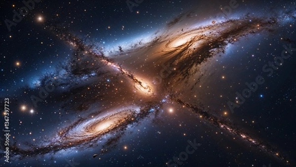 Fototapeta Two galaxies colliding in deep space, their cosmic dance unleashing massive bursts of energy, sending cosmic debris flying in all directions and distorting gravitational waves. 