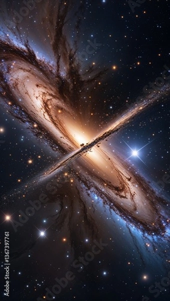 Fototapeta Two galaxies colliding in deep space, their cosmic dance unleashing massive bursts of energy, sending cosmic debris flying in all directions and distorting gravitational waves. 