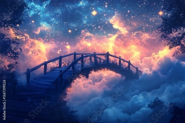 Fototapeta A bridge made of mist, spanning across a river of stars that shimmer under a celestial sky