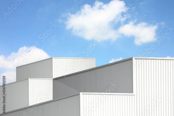 Fototapeta silver corrugated metal box square shape perspective view. geometric design corrugated texture line pattern abstract background against blue sky white cloud