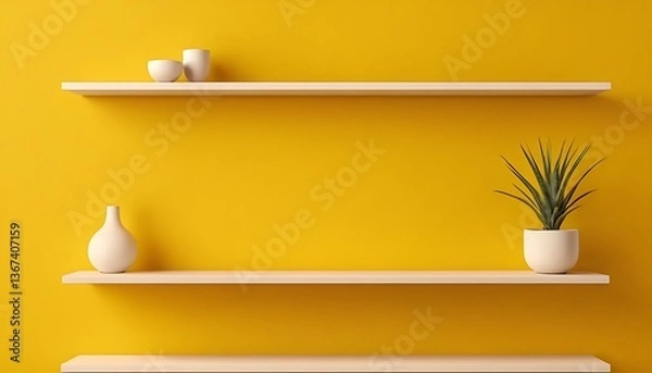 Fototapeta Front view of empty shelf on vivid yellow wall background with modern minimal concept. Display of room shelves for showing. Realistic 3D render.shelf, bookshelf, display, floor, furniture, 45