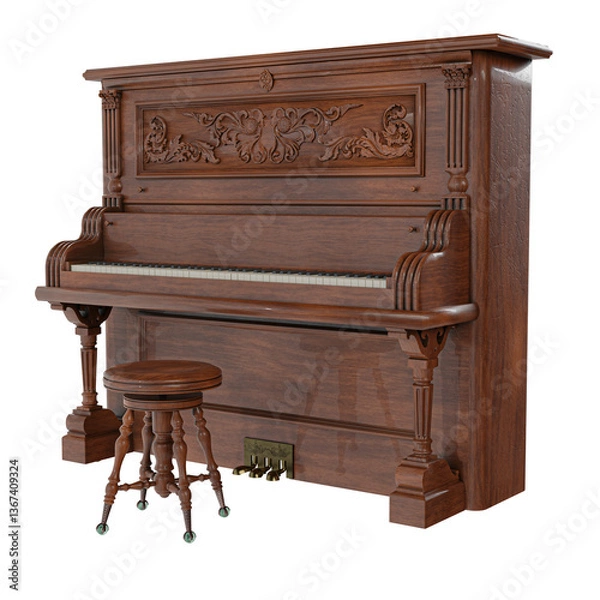 Obraz 3D rendered antique upright piano isolated on transparent background