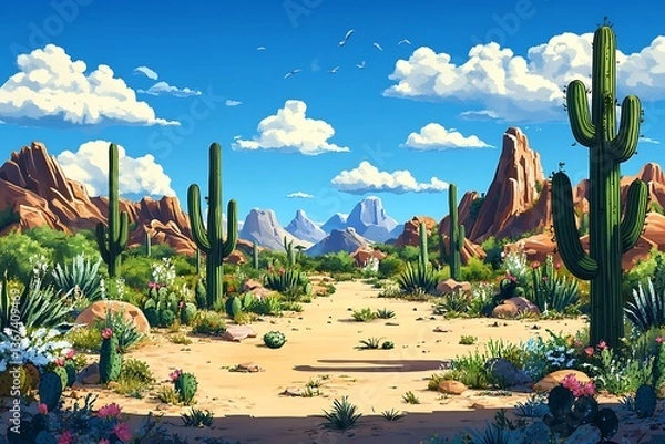 Fototapeta A cartoon desert where cacti and tumbleweeds have playful expressions, interacting with the environment in a lively, animated landscape full of whimsical elements