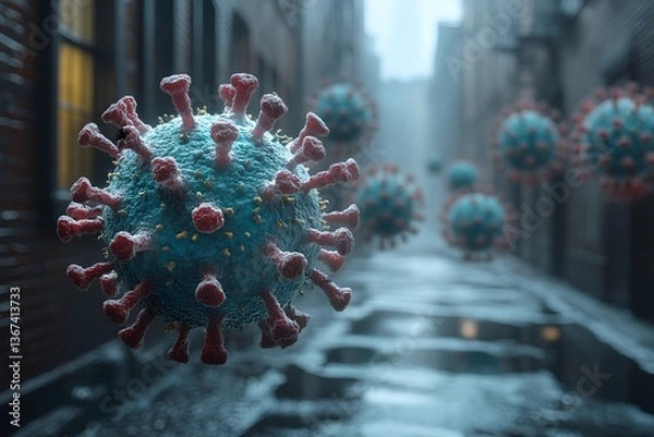 Fototapeta Viruses in microscopic view on city streets. The concept of the spread of disease.