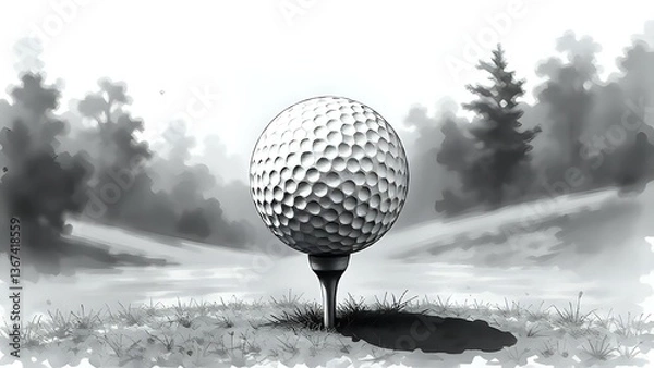 Fototapeta Monochrome Ink Illustration of a Golf Ball on a Tee, artistic concept 