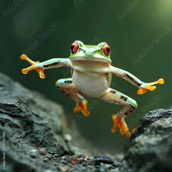 Fototapeta Vibrant Tree Frog Leaping Over Mossy Rocks in the Jungle