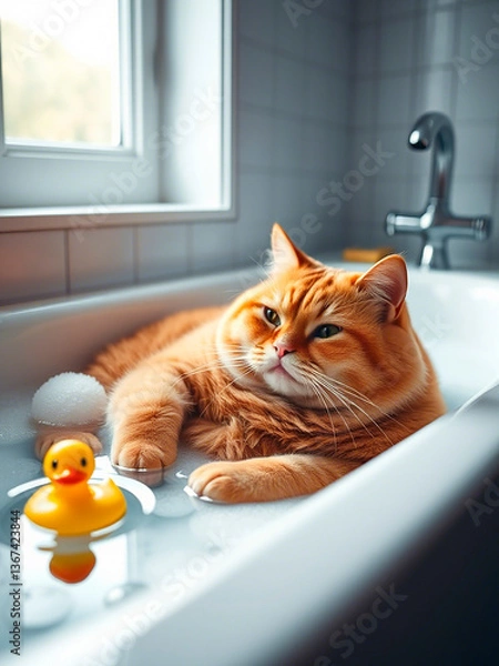 Obraz The red-haired cat is bathing