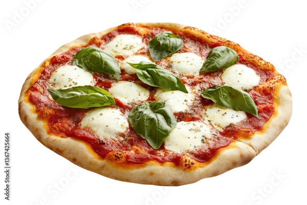 Fototapeta Delicious homemade margherita pizza with fresh basil leaves on a white background isolated on transparent background